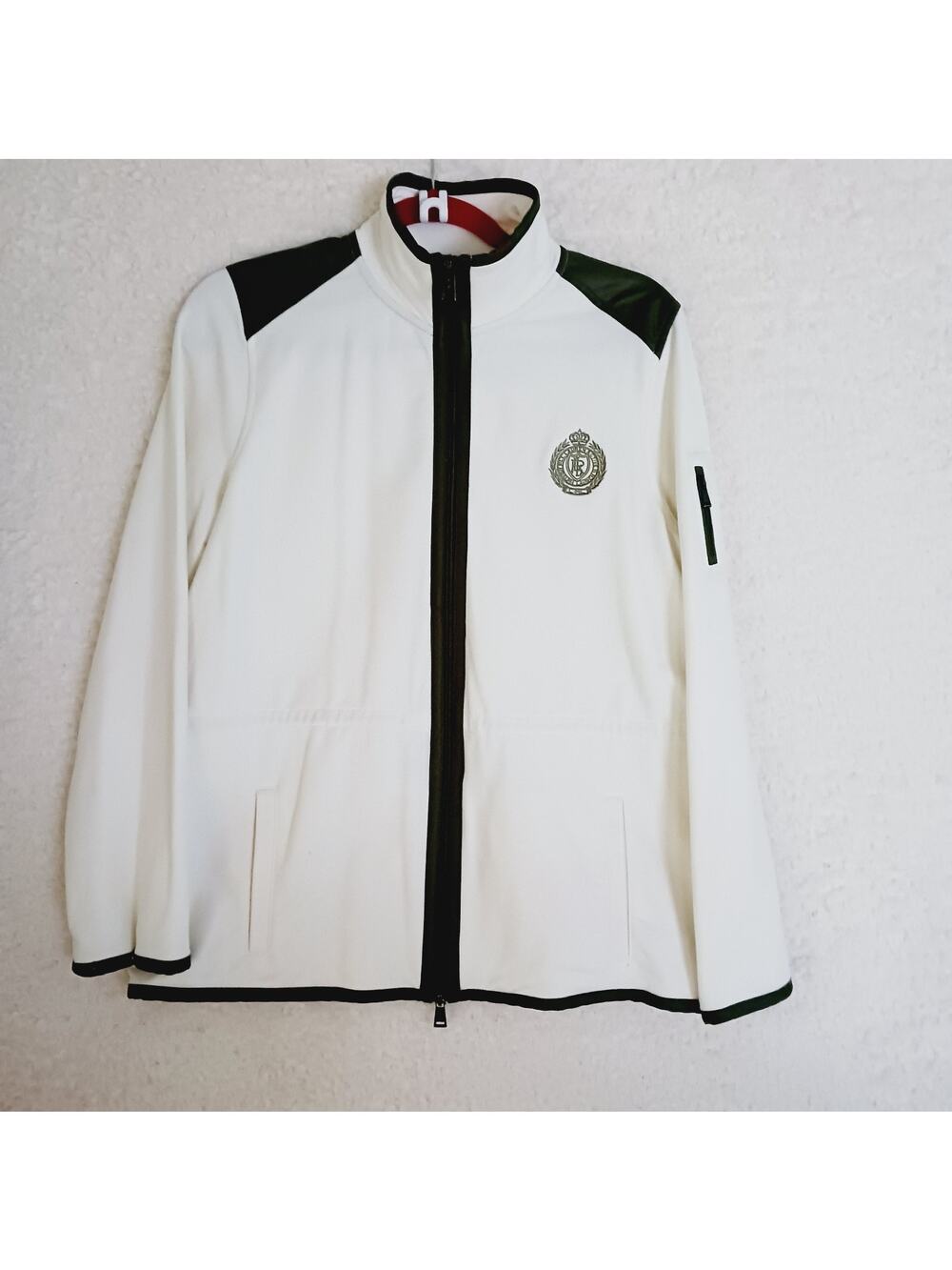 Jacket Women Ralph Lauren Ivory Olive Zipper Pockets Snap Cuffs Logo Size XL